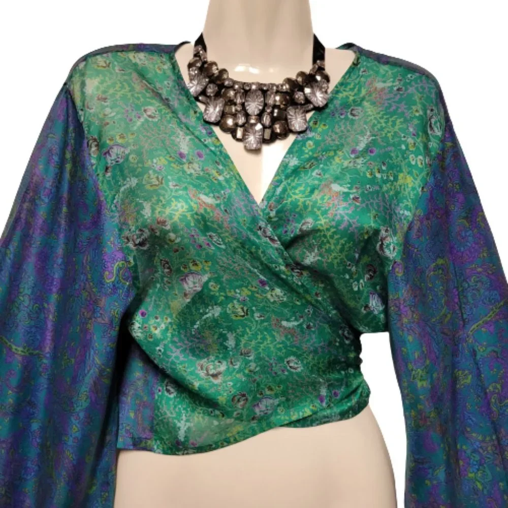 SILK Bolero Top Crop Top Coverup Silk Blazer Short Jacket Butterfly Sleeve Top L - Picture 10 of 10